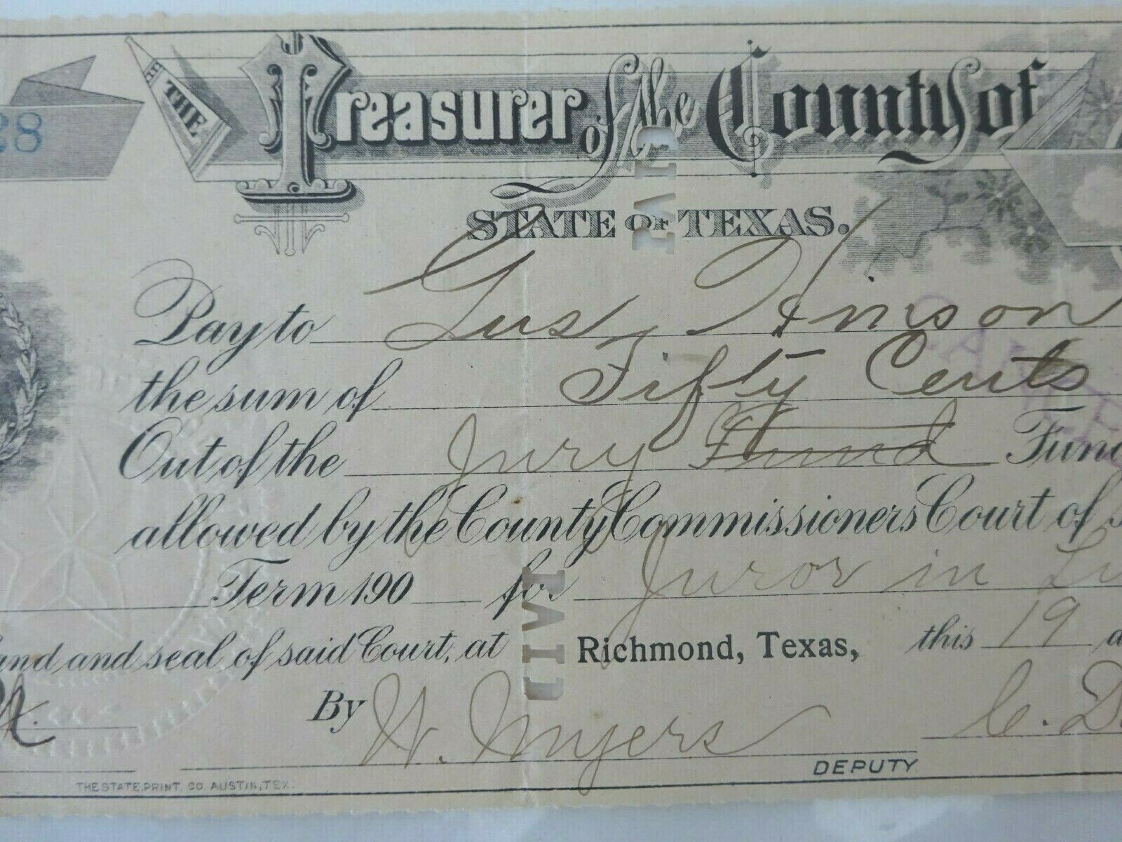 1908 County of Fort Bend, Texas Check Lone Star Seal