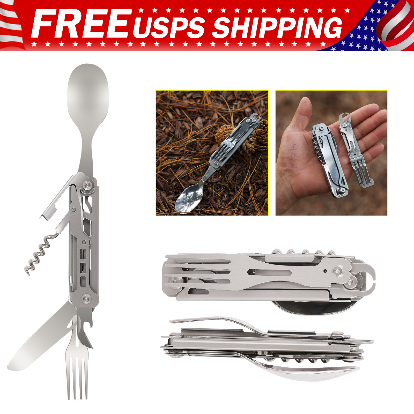 5-in-1 Portable Camping Utensil Detachable Stainless Steel Folding Flatware Set