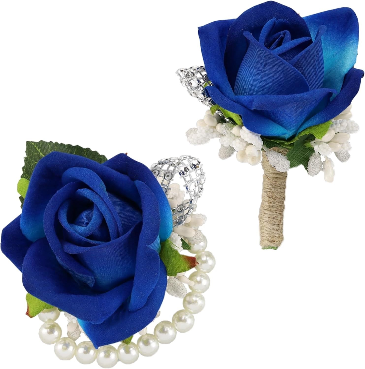 2Pcs Blue Corsage and Boutonniere Set,Corsage Wristlet for Prom Decor,