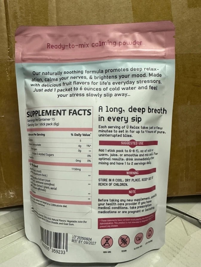 U Relax Calming tonic- 15 Packets MIXED BERRY flavor relax calming drink