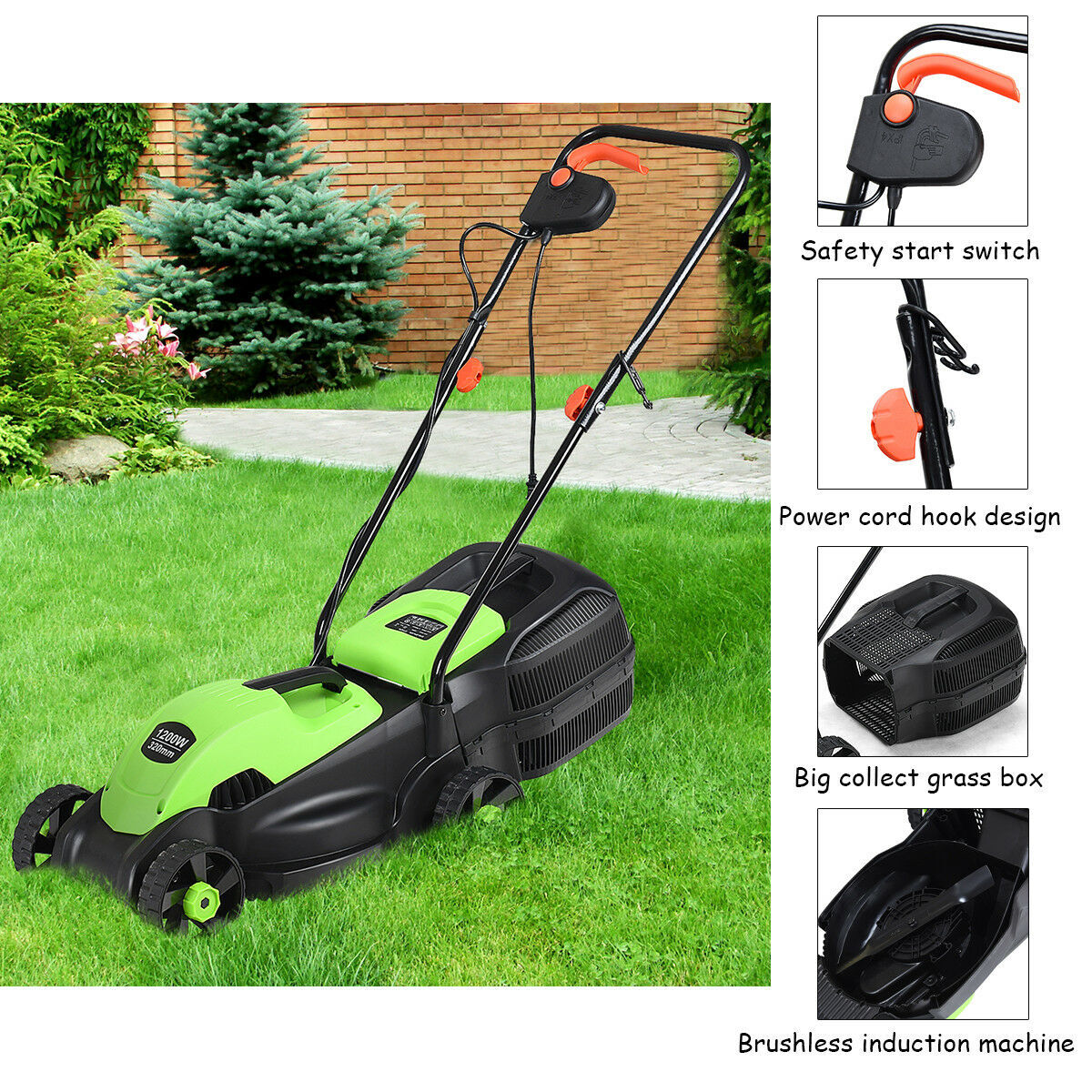 Costway 12 Amp 14-Inch Electric Push Lawn Corded Mower With Grass Bag Green