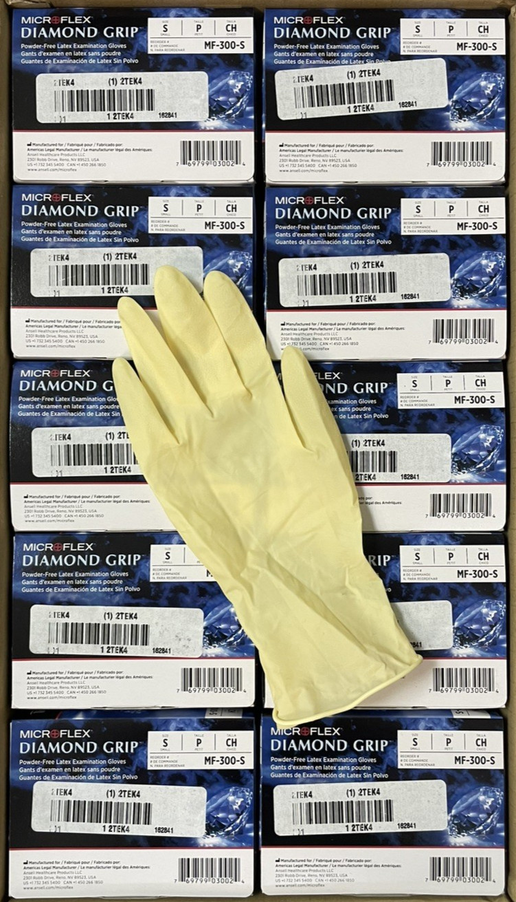 ANSELL Microflex Diamond Grip Latex Exam Gloves Small 1000/Case Medical MF-300-S