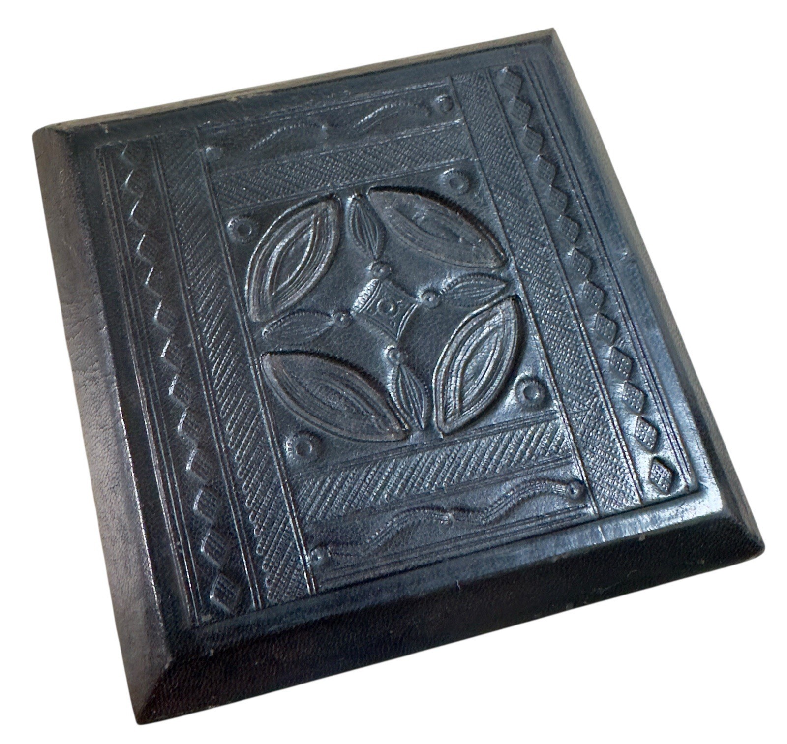 Vintage Saharan Tuareg Hand Tooled Camel Black Leather Talisman Box West Africa