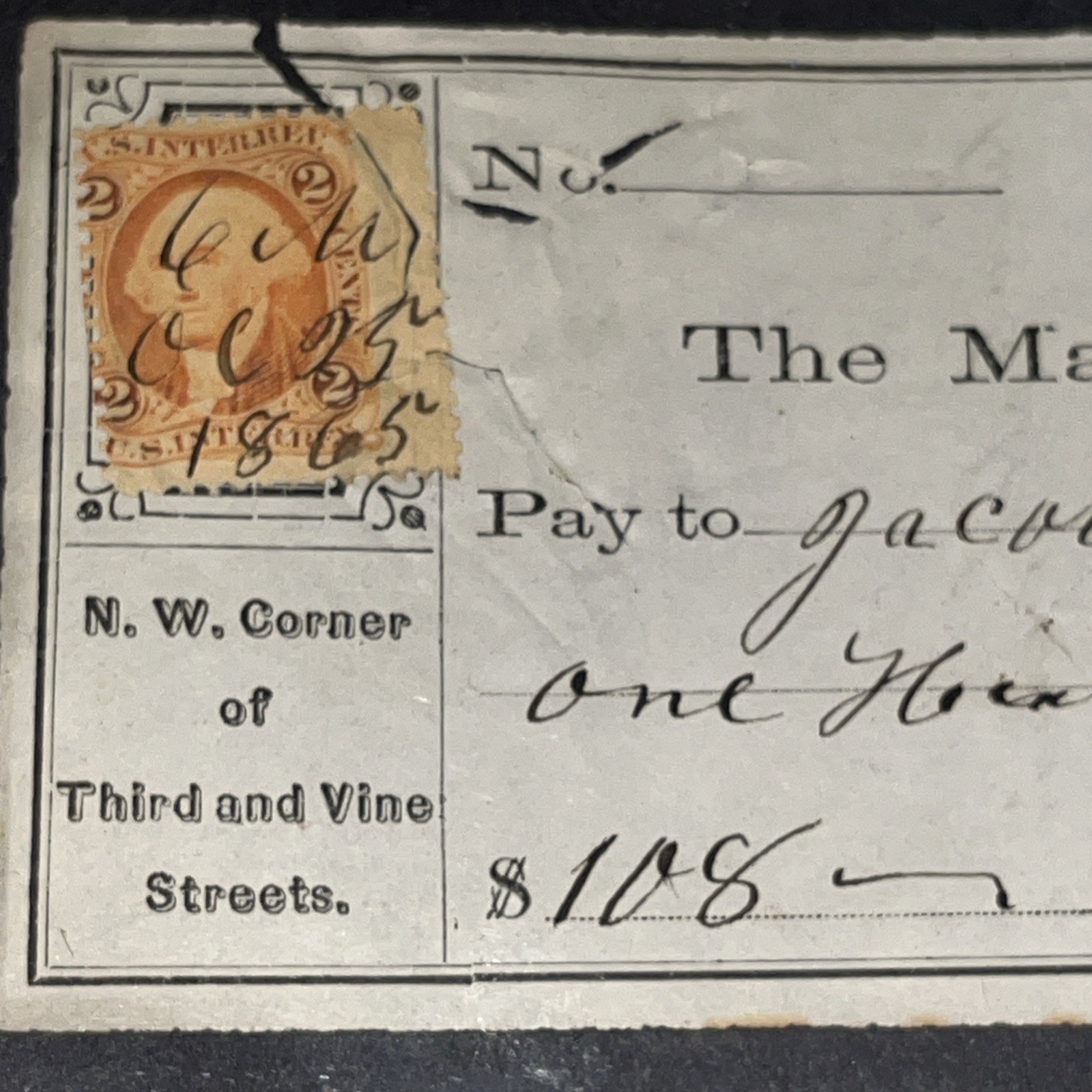 SET OF FIVE HISTORIC PHILADELPHIA REVENUE STAMPED CHECKS 1865-1873 US 2c STAMPS