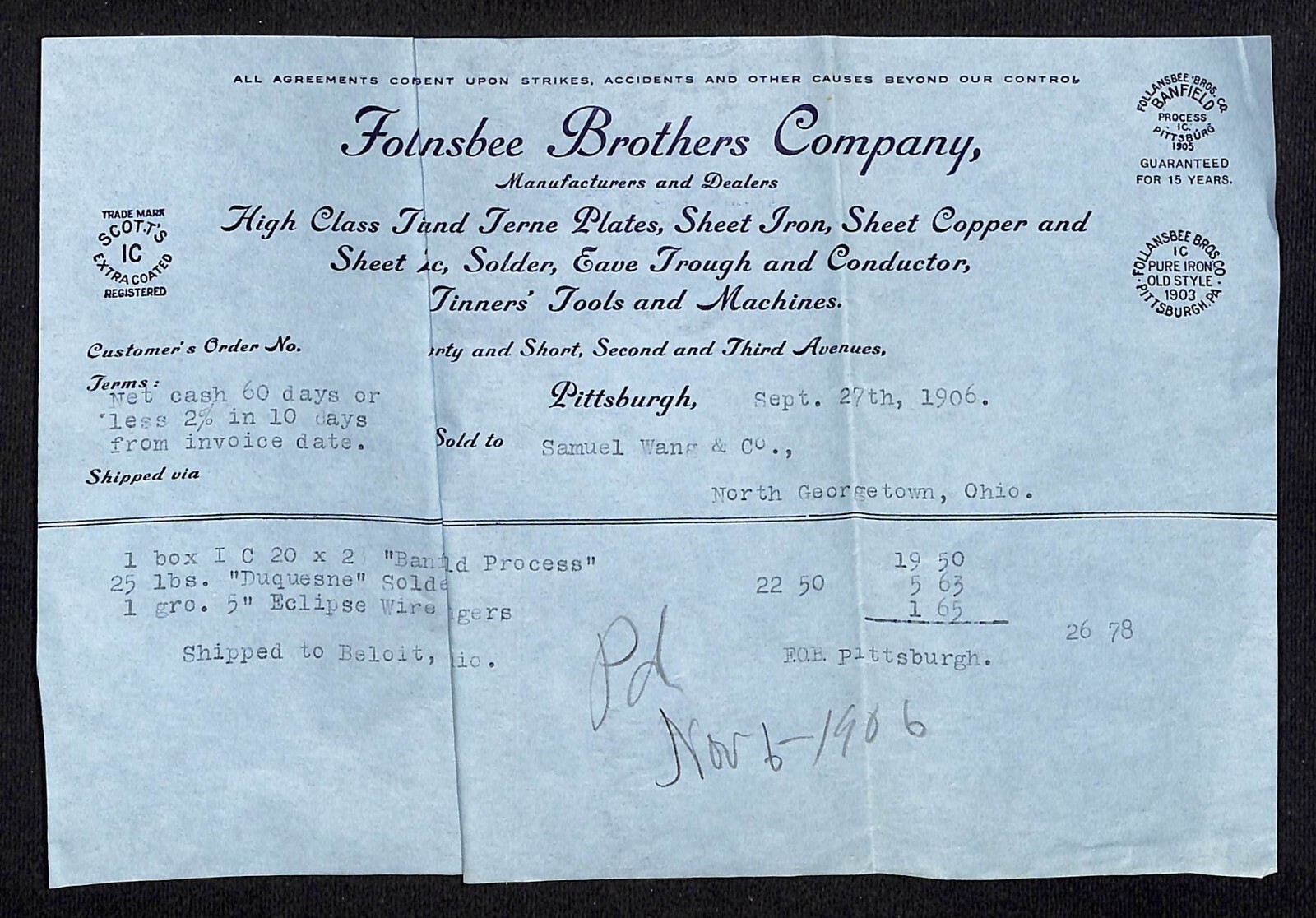 Follandsbee Brothers Co. Tin Terne 1906 Billhead Samuel Wang* N. Georgetown OH