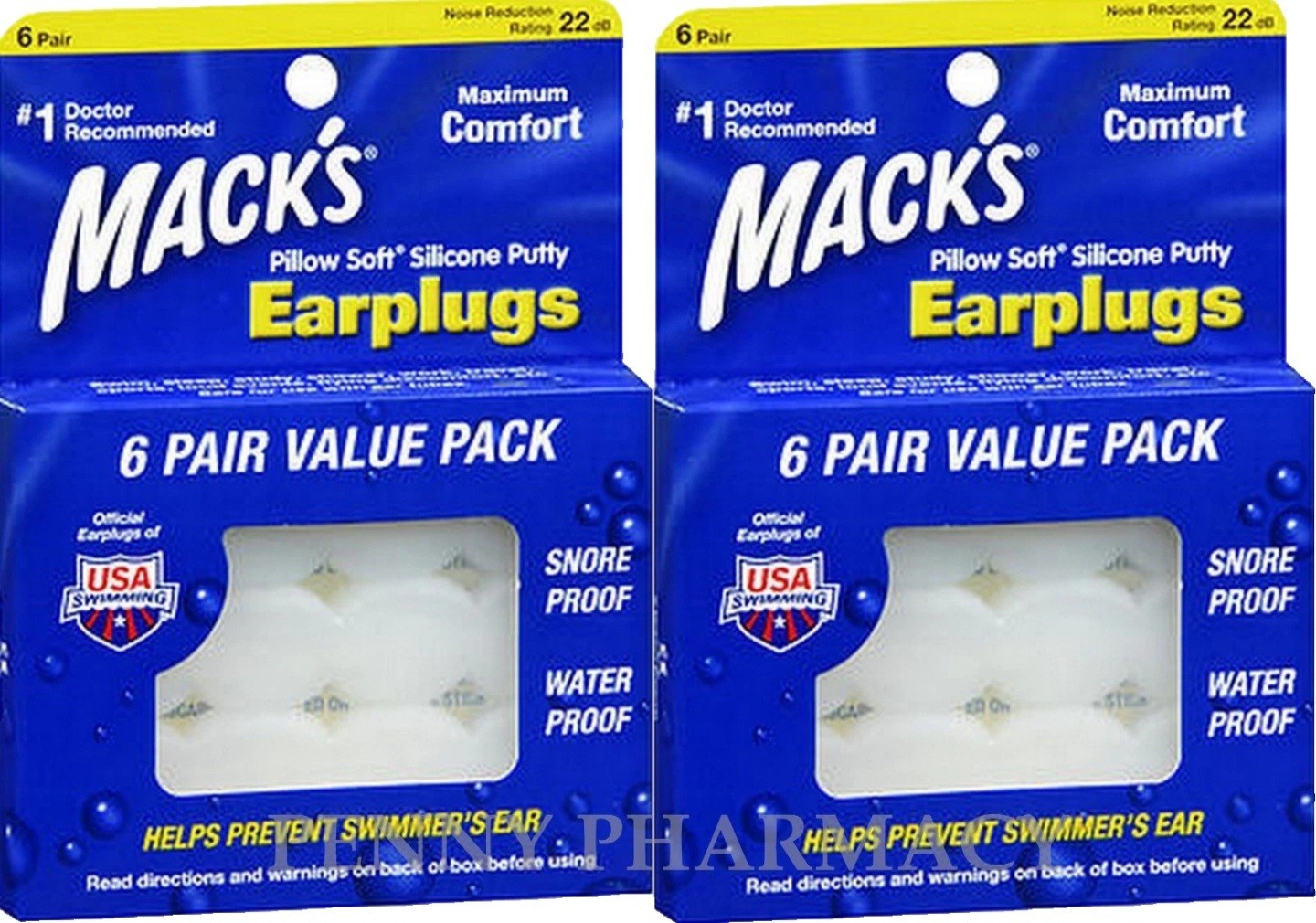 Mack's CLEAR Swim Ear Plugs Waterproof Moldable Silicone 6 PR ( 2 pack )