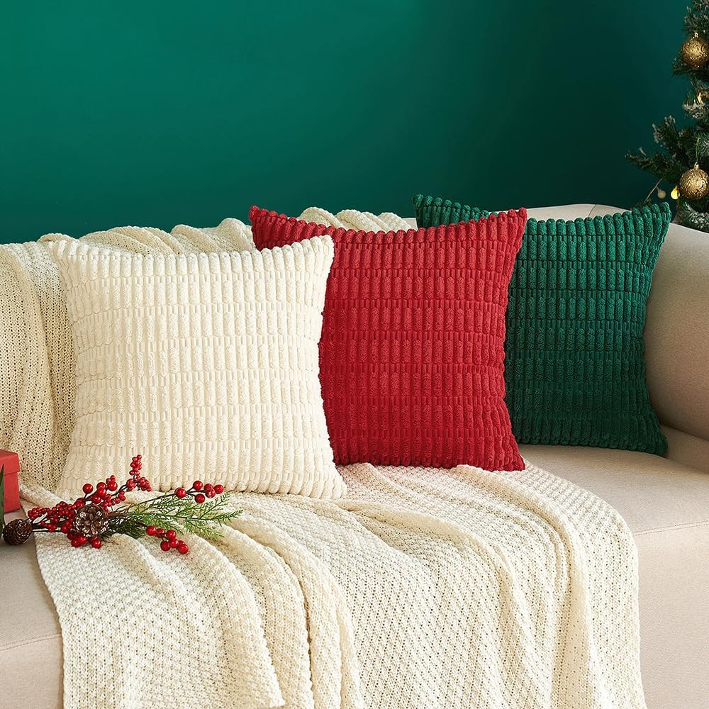 Pack of 2 Corduroy Decorative Throw Pillow Covers 18x18 Inch Soft Boho Striped P