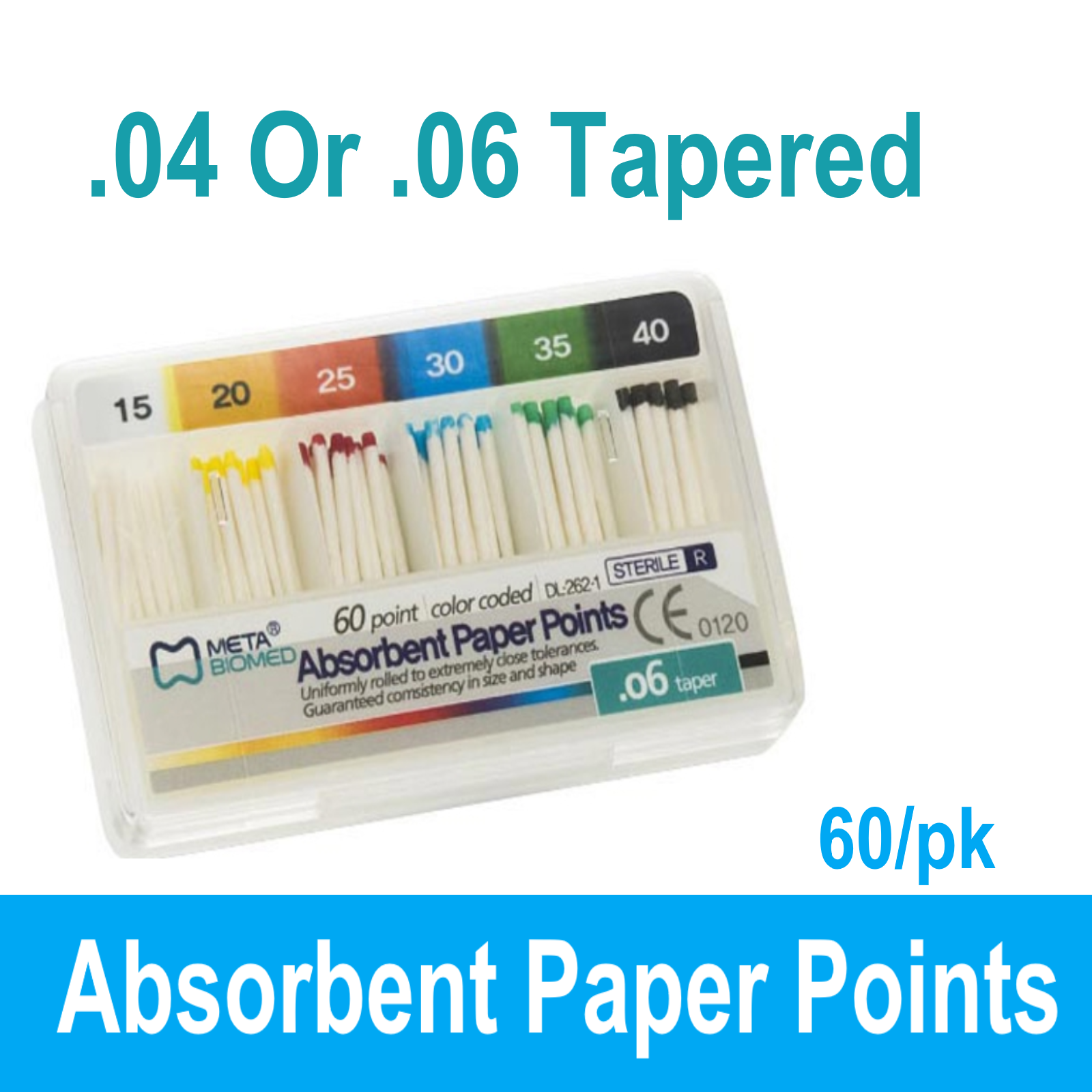 Dental META Absorbent Paper Points Endo Taper .06 or .04 , CHOOSE SIZE, 60/pk.