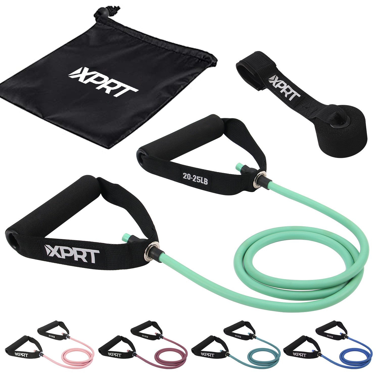 XPRT Fitness Resistance Tube Band w/ Handles & Door Anchor–Durable Natural Latex