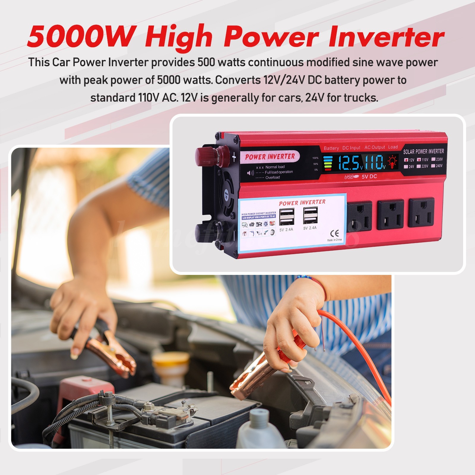 Pure Sine Wave Solar Converter 5000W Car Power Inverter DC 12V To AC 110V 4 USB