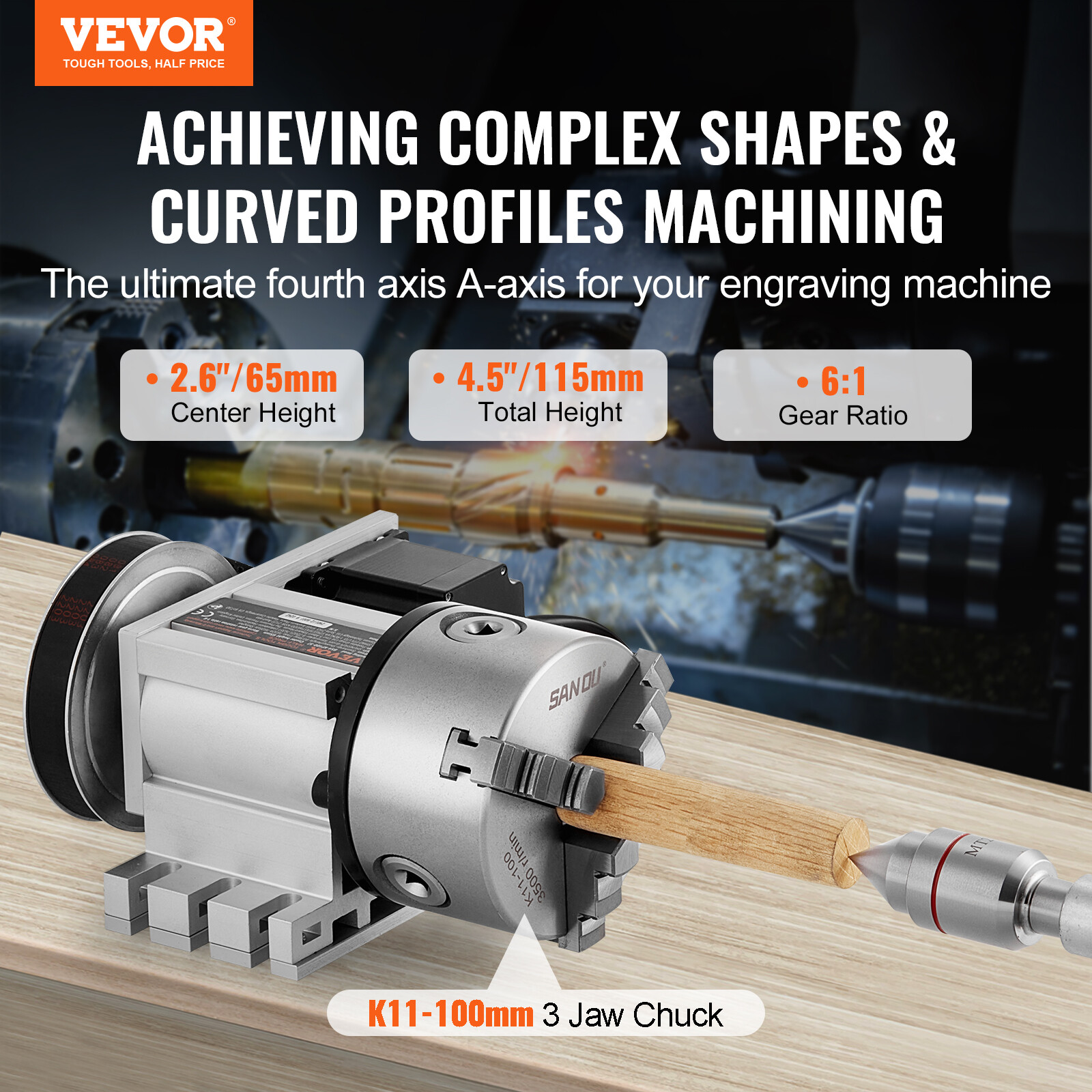 VEVOR Indexing Dividing Head K11-100mm 3-Jaw Chuck Tailstock for CNC Milling