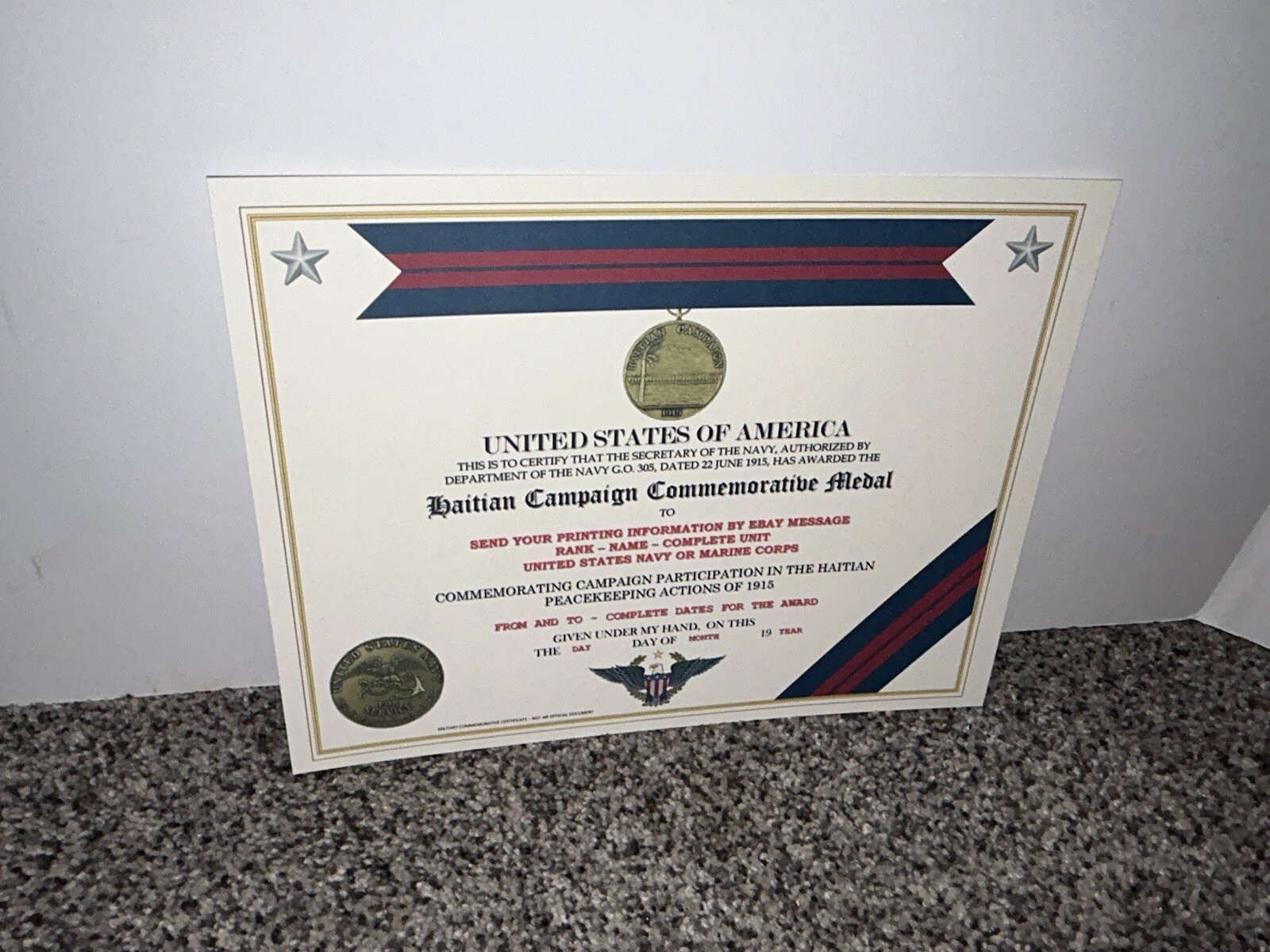 HAITIAN CAMPAIGN (NAVY) COMMEMORATIVE MEDAL CERTIFICATE ~ W/PRINTING TYPE-1