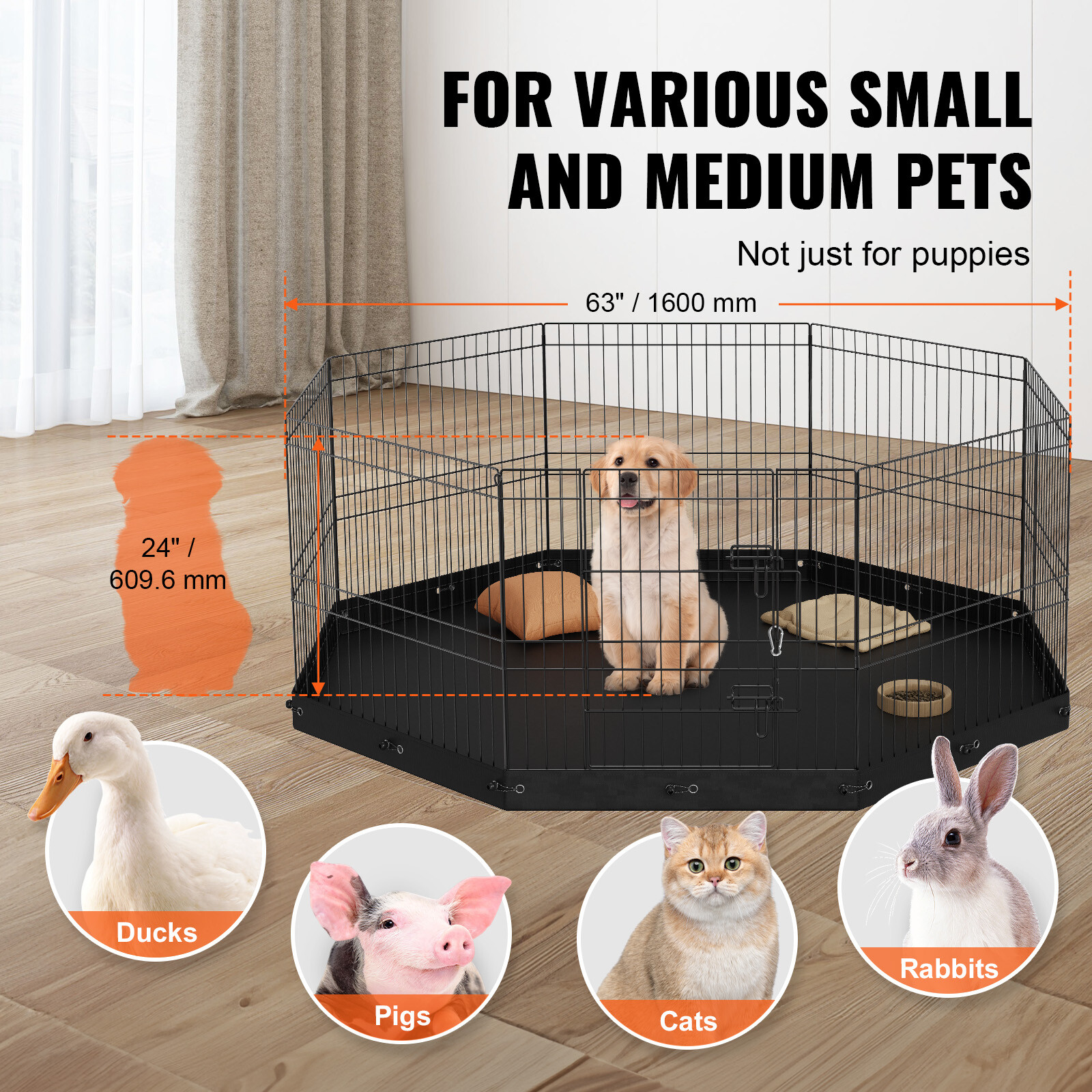 VEVOR Dog Playpen 8 Panels Foldable Metal Dog Exercise Pen with Bottom Pad 24" H