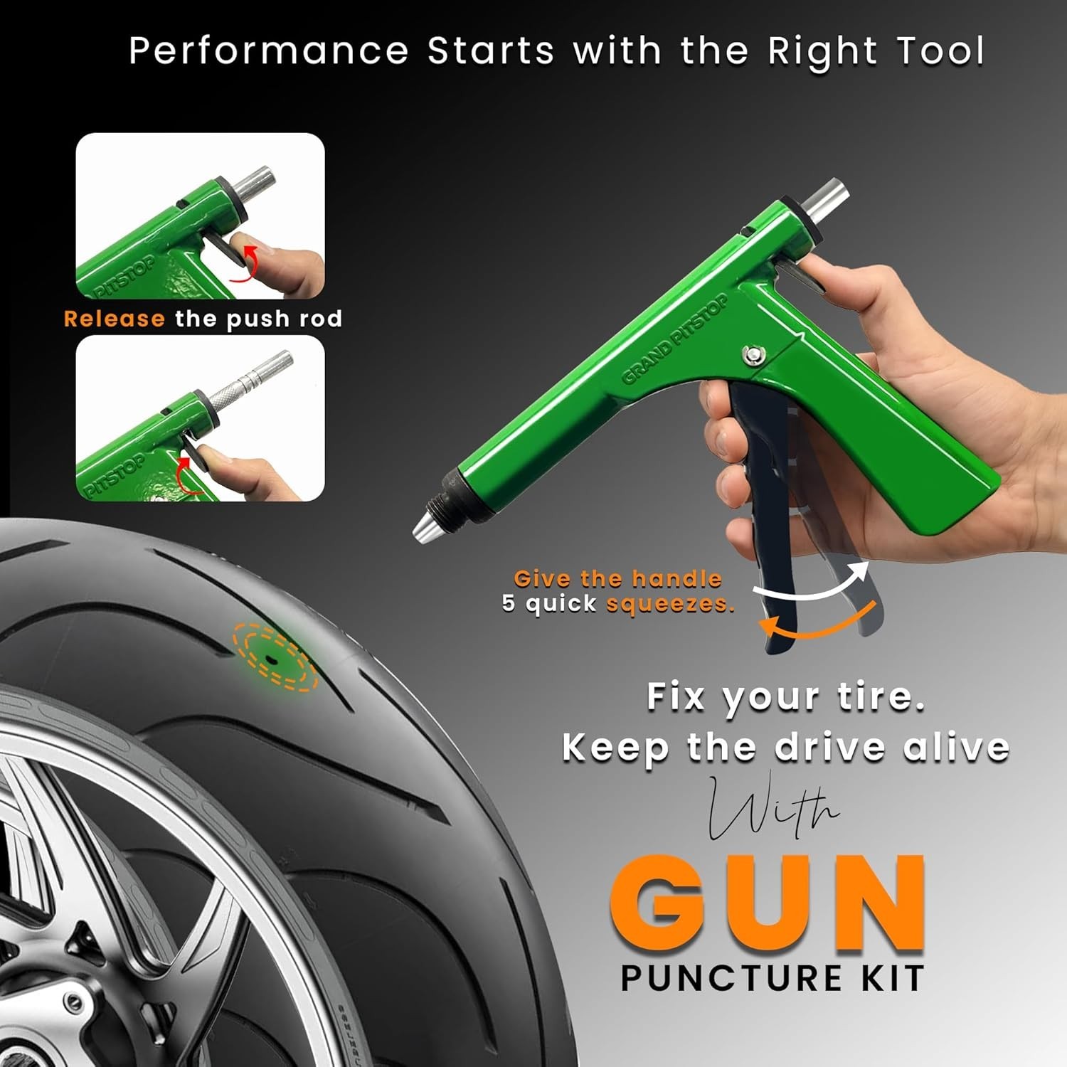 GRAND PITSTOP Tubeless Tire Gun Puncture Repair Kit with Mushroom Plug for Tyre