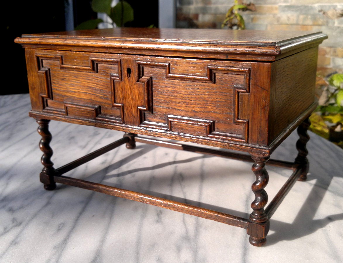 Antique English Oak Miniature 19th Century Apprentice Piece Table Desk Caddy