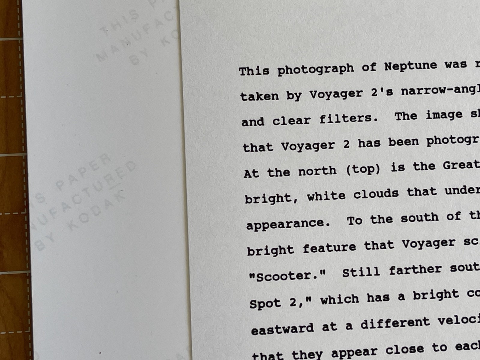 NASA PHOTO SPACE NEPTUNE VOYAGER JPL KODAK PAPER TYPE 1 CHROMOGENIC