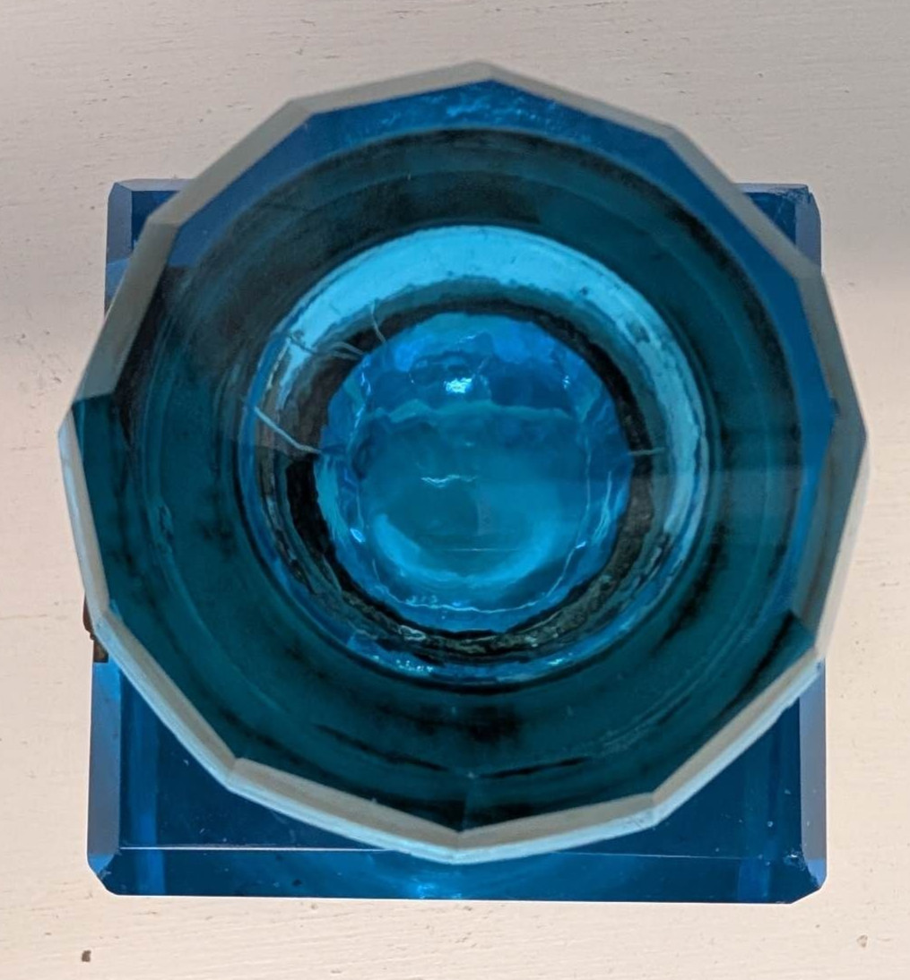 Antique Peacock Blue Glass Ink Well 1880s. Hand cut crystal.