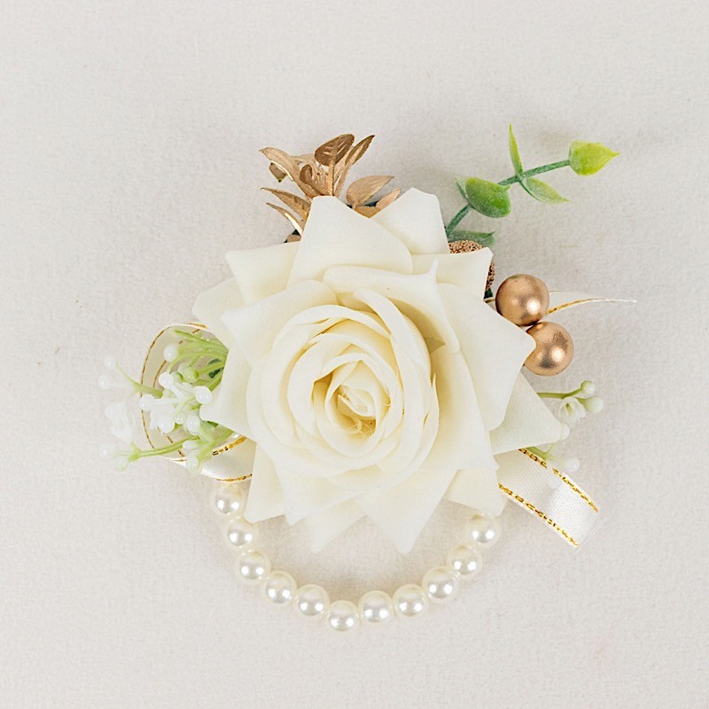 WHITE 2 SILK ROSES 4" Wrist Corsages with Pearls Wedding Flowers Party Bouquets