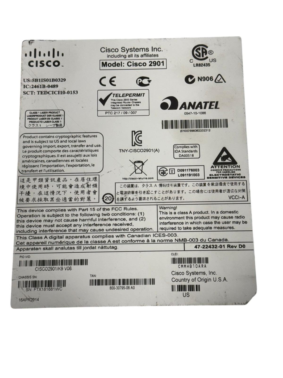 CISCO 2900 Series Model Cisco 2901 Integrated Services Route 100-240V