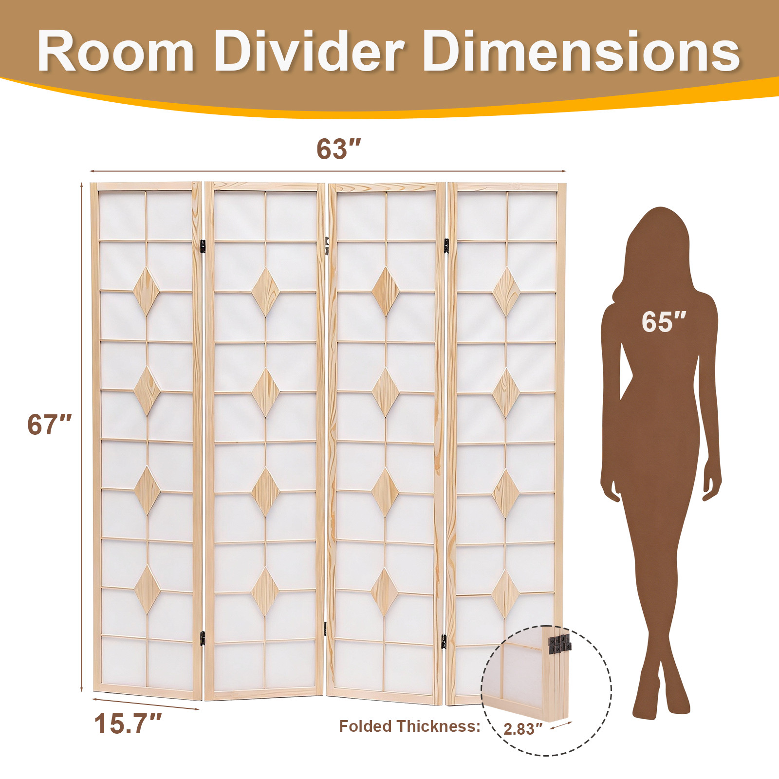 4 Panel Folding Room Dividers Wooden Privacy Screen Fabric Wall Separation White