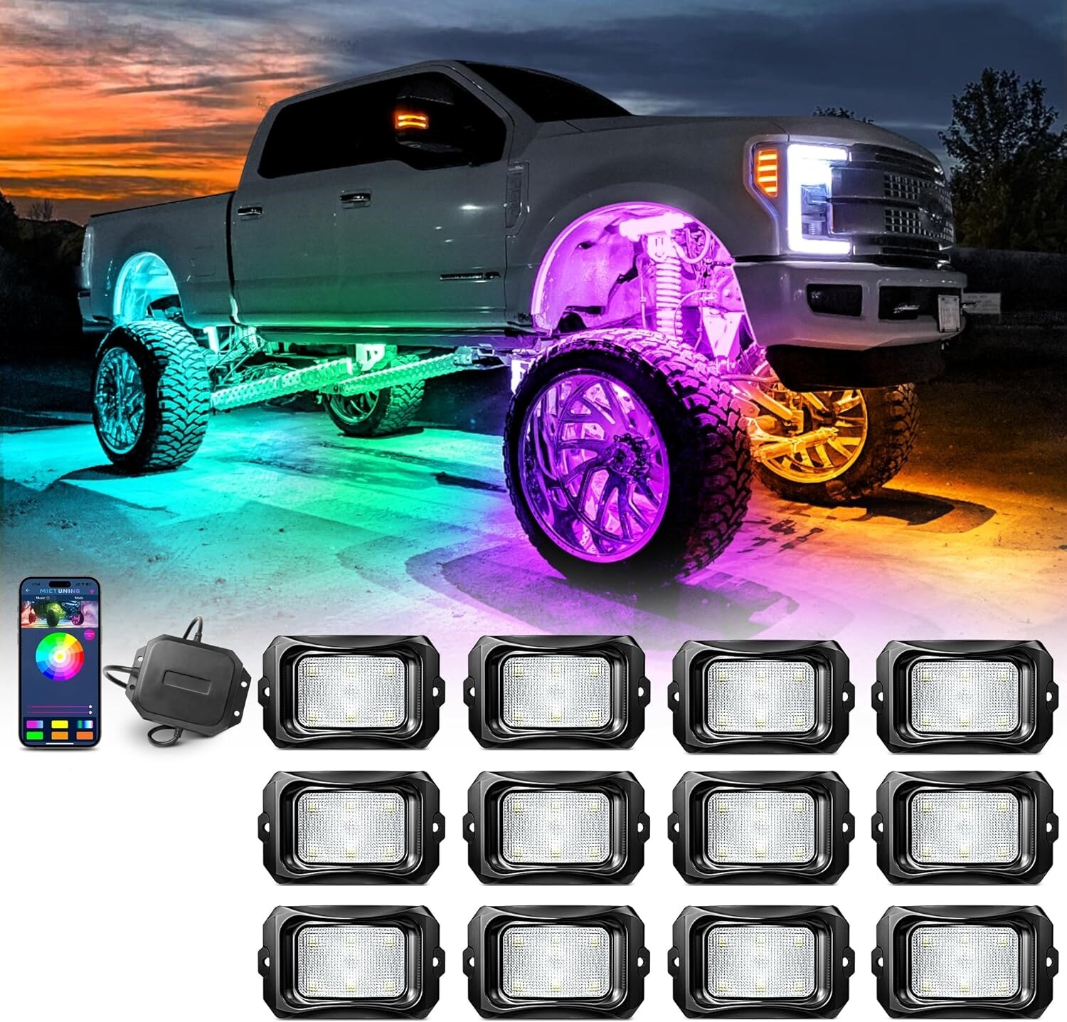 MICTUNING C2 RGB-IC LED Rock Lights, 12 Pods Underglow Neon Lighting Multi Color