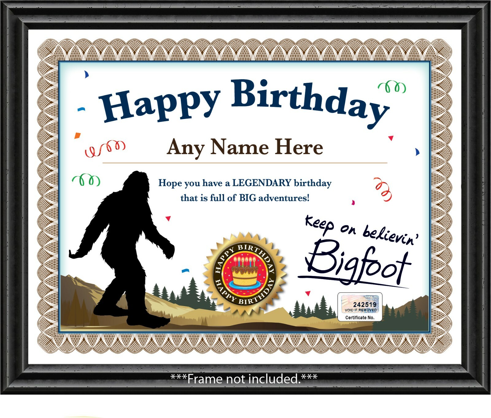 BIGFOOT PERSONALIZED HAPPY BIRTHDAY Certificate Sasquatch Hunter Tracker - GIFT