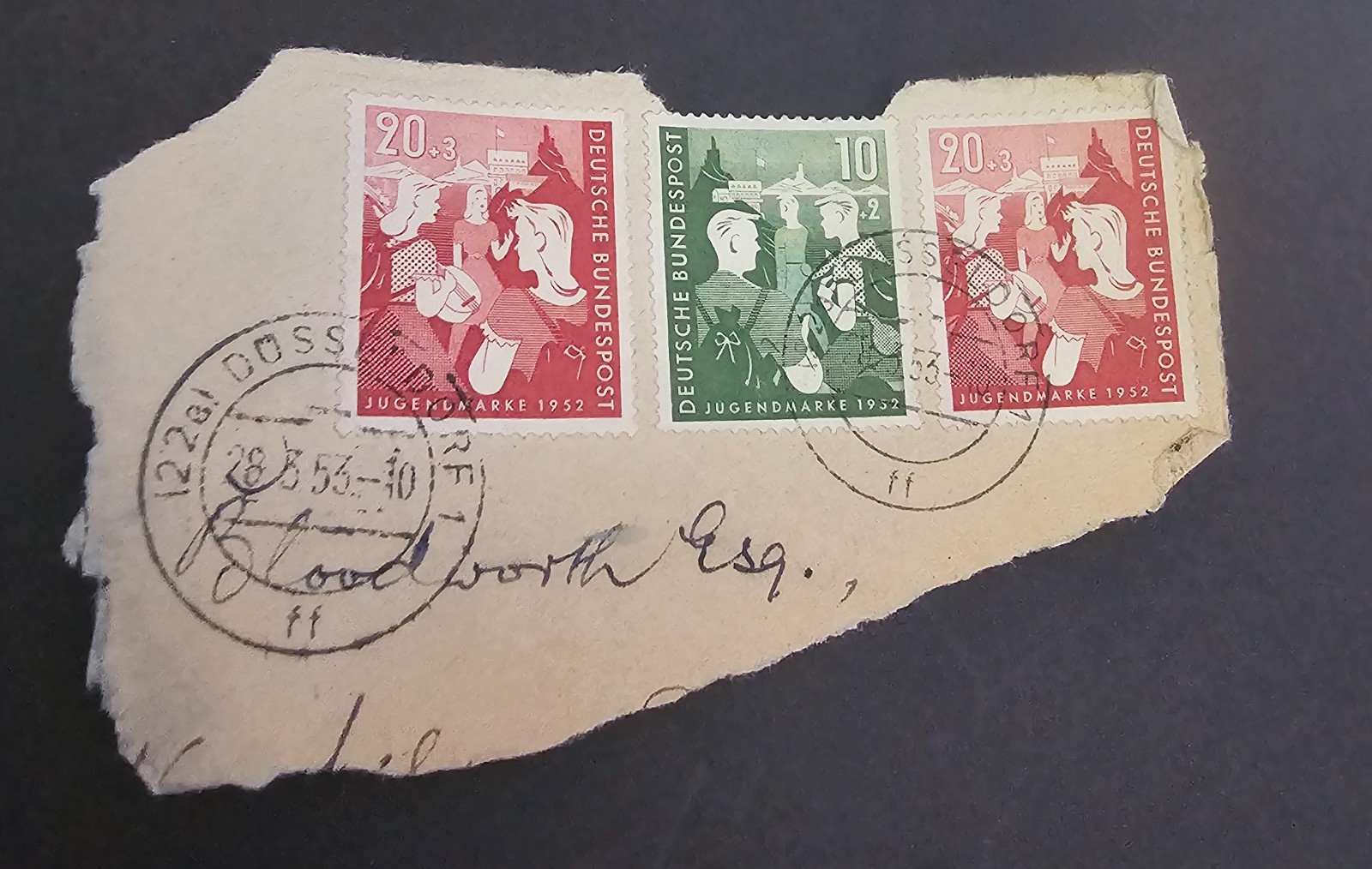 SL696 germany west 1952 jugenmarke 10 + 2pf   and 20 + 3pf  on piece   £20.99