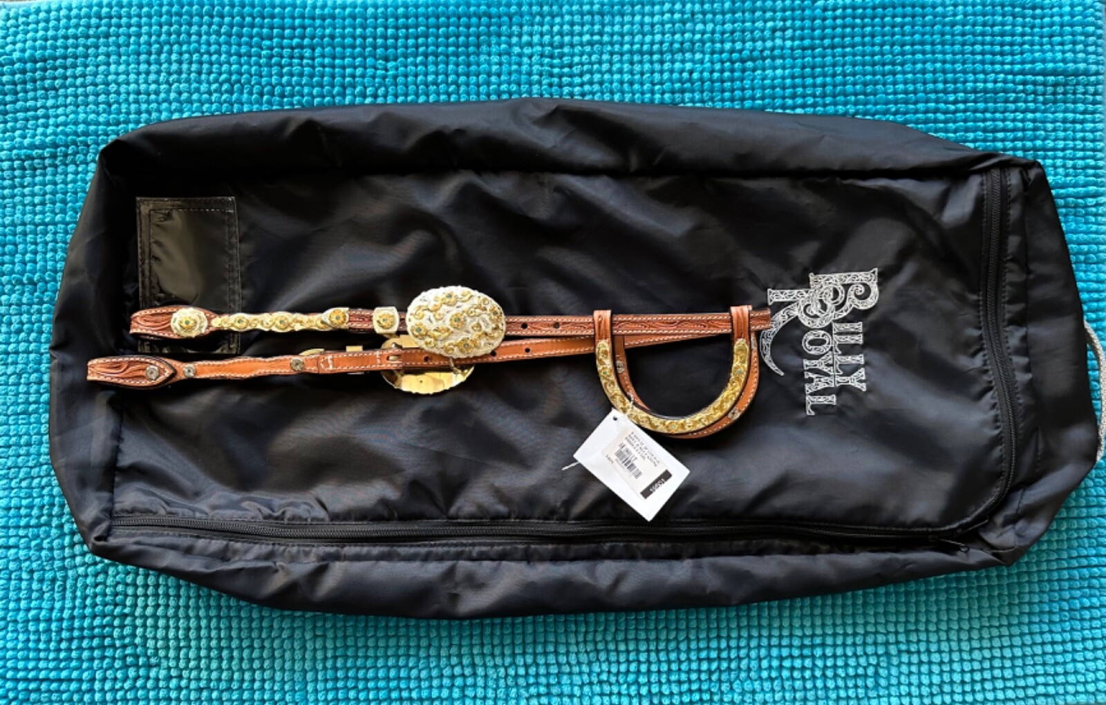 BILLY ROYAL Headstall GOLD & SILVER w Blue CRYSTALS ~ Close Up Pictures