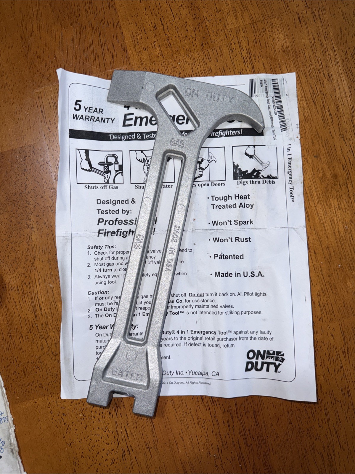 On Duty 4 in 1 Emergency Tool Gas Water Shutoff Entry Prybar Earthquake Kit New