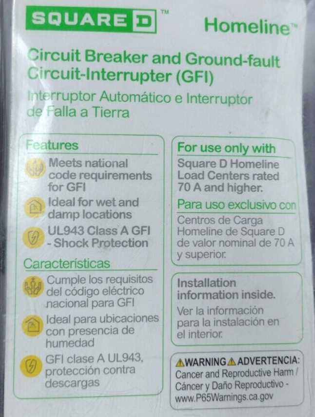 SQUARE D HOM220GFIC CIRCUIT BREAKER 20 AMP 2-POLE GFCI NEW IN PACKAGING