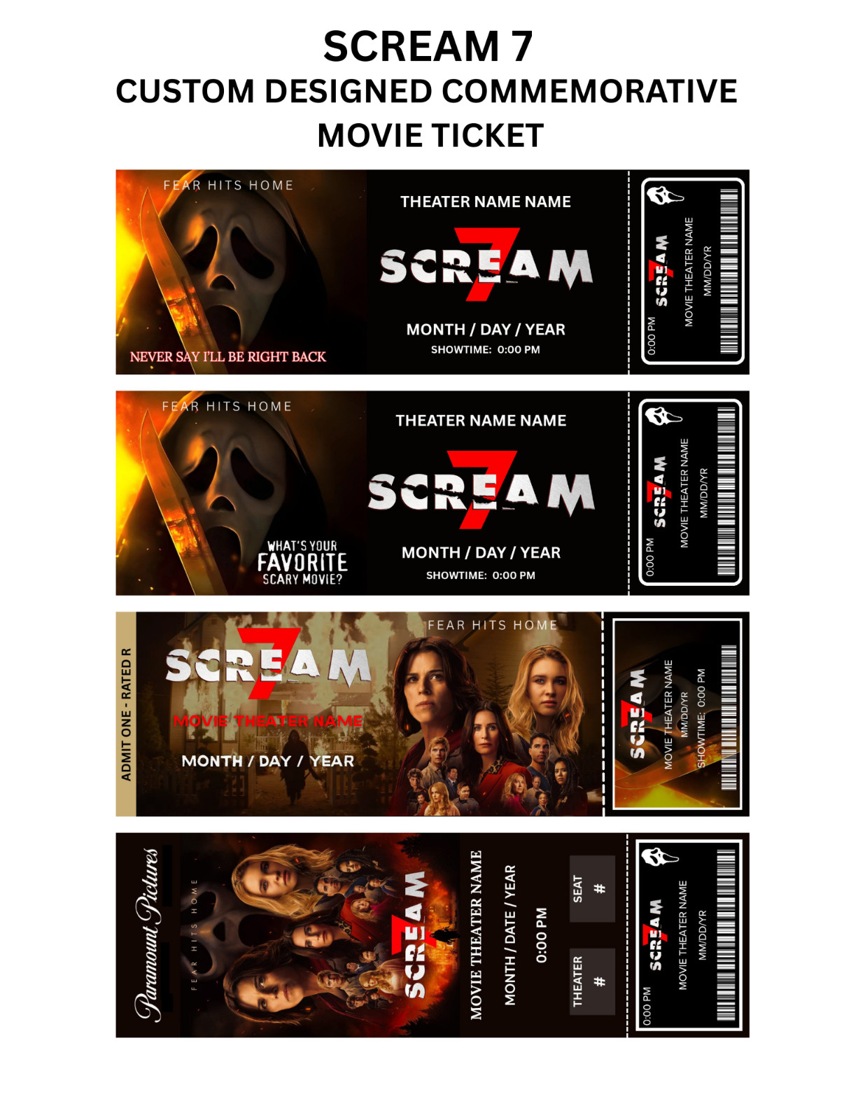 Scream 7 Custom Designed Commemorative Movie Ticket