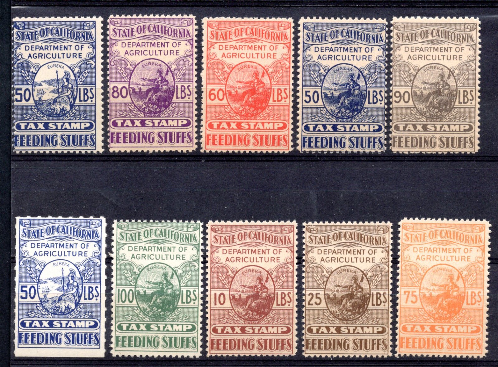 US 1900-1930 COLLECTION OF 87 CALIFORNIA DEPT. OF AGRICULTURE REVENUE TAX STAMPS