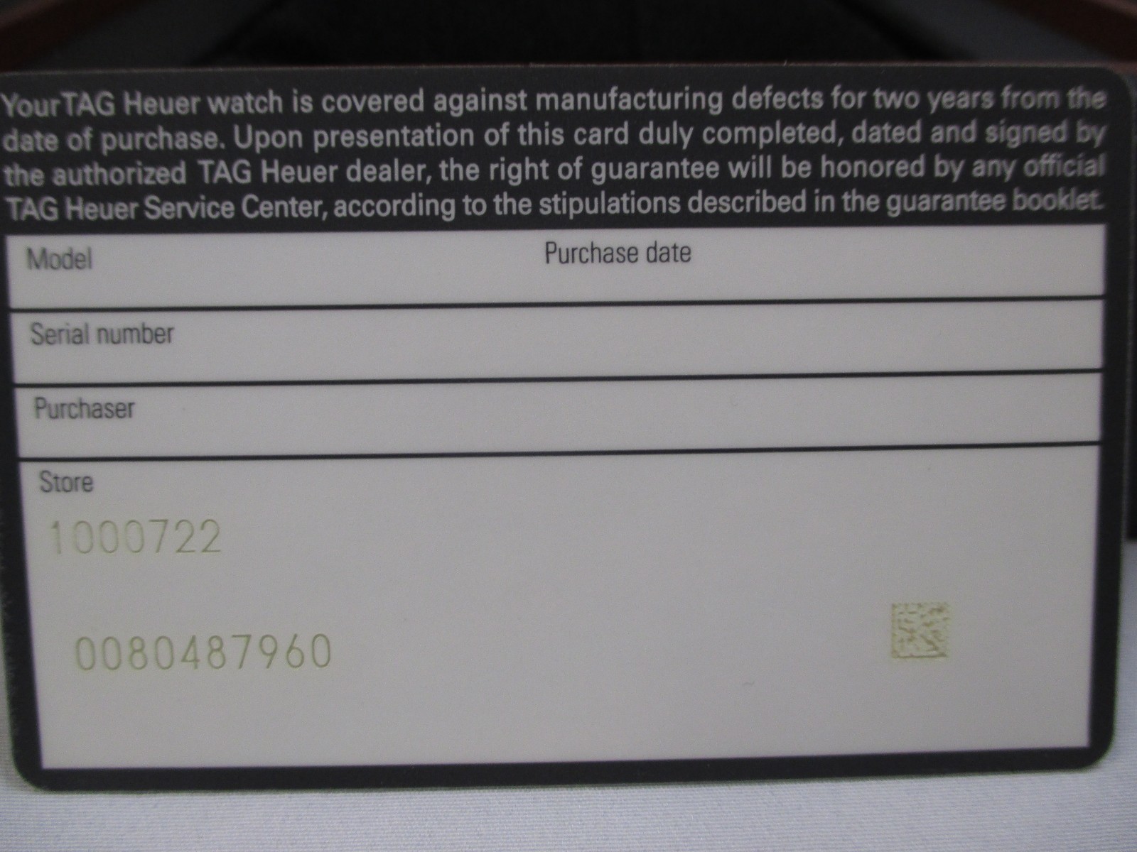 TAG Heuer 2-Years International Guaranty Card with Store Information Only NOS