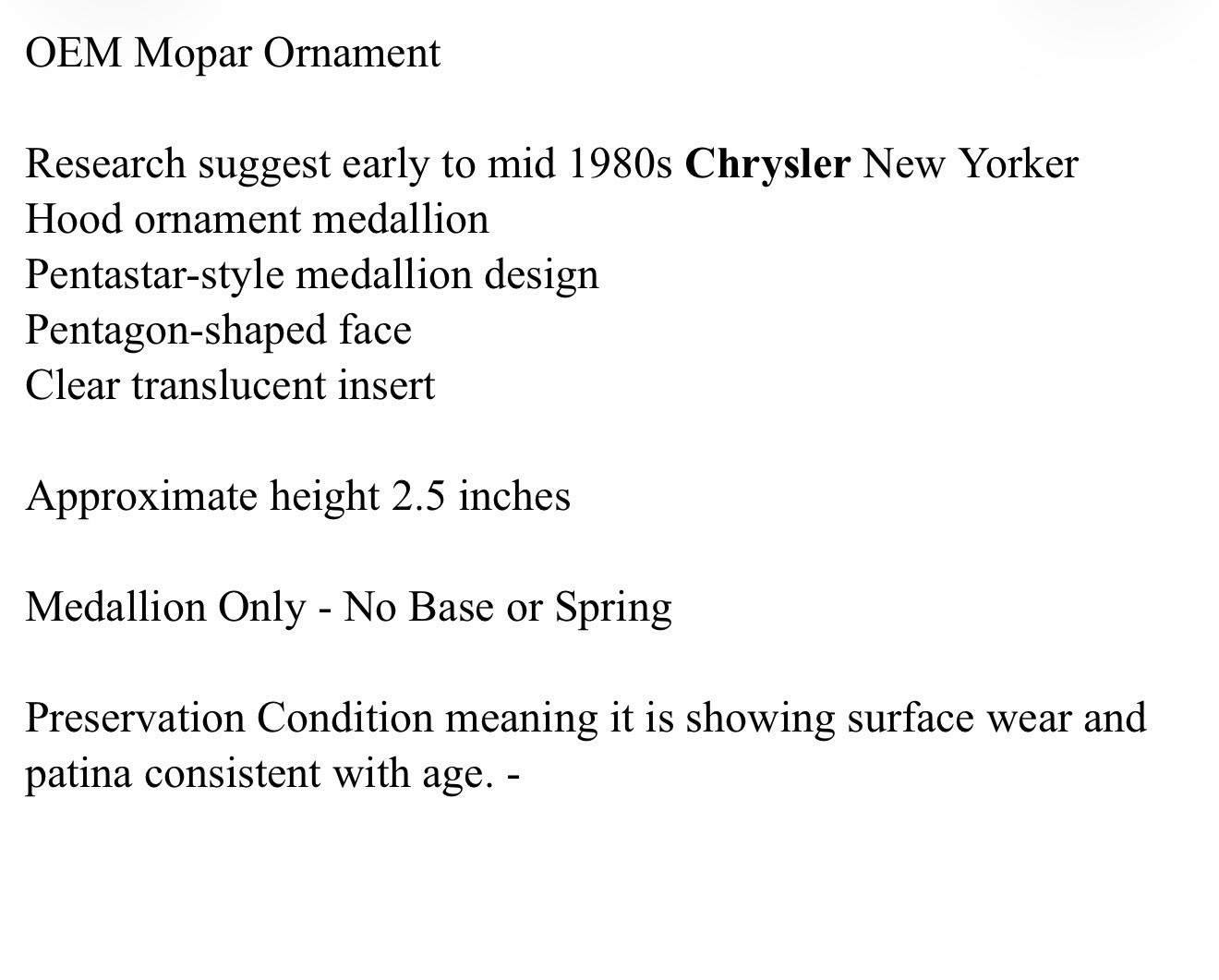 1980s Chrysler New Yorker Hood Ornament Medallion OEM 2.5” Tall