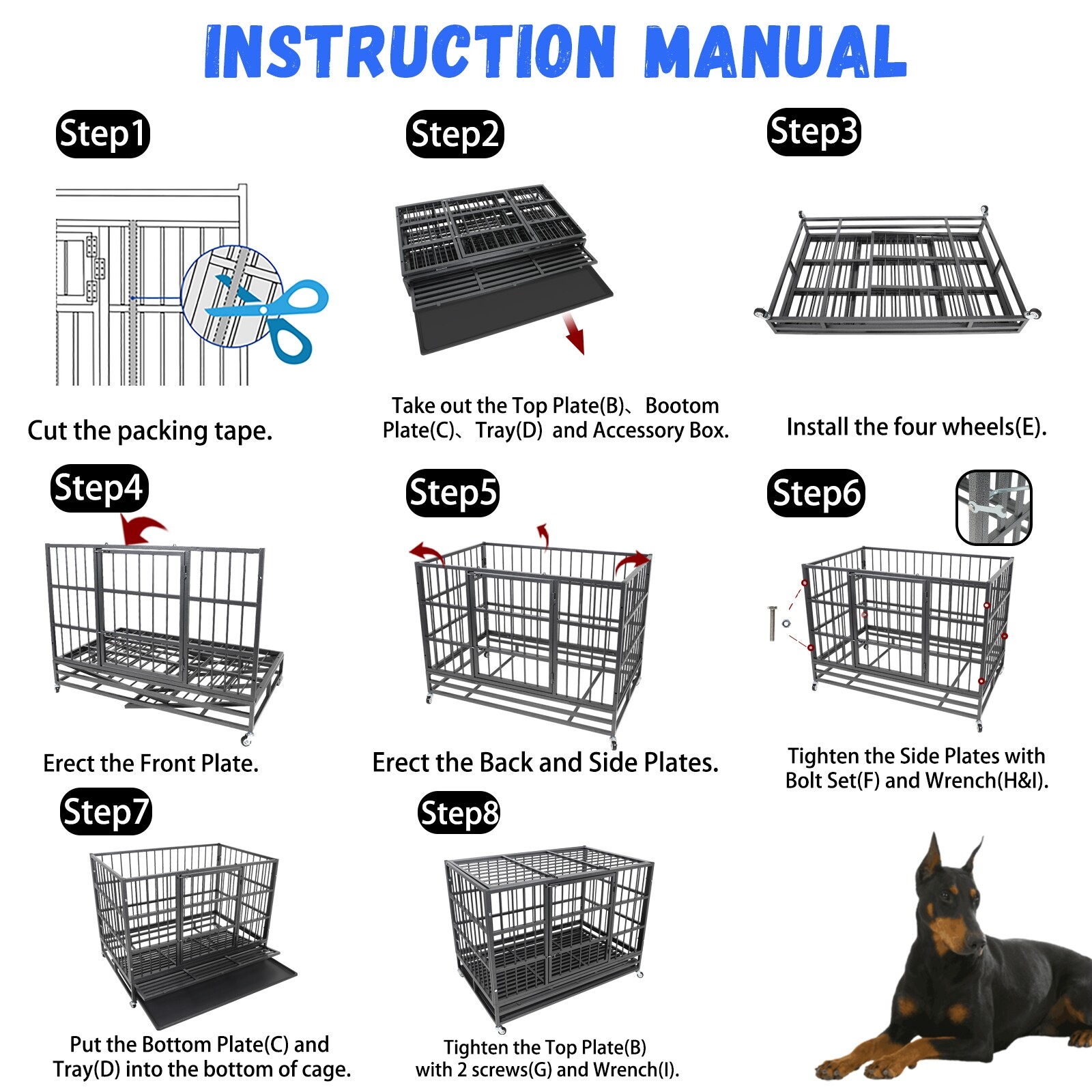47" Heavy Duty Dog Kennel Iron Dog Cage Pet Crate for Large Dogs