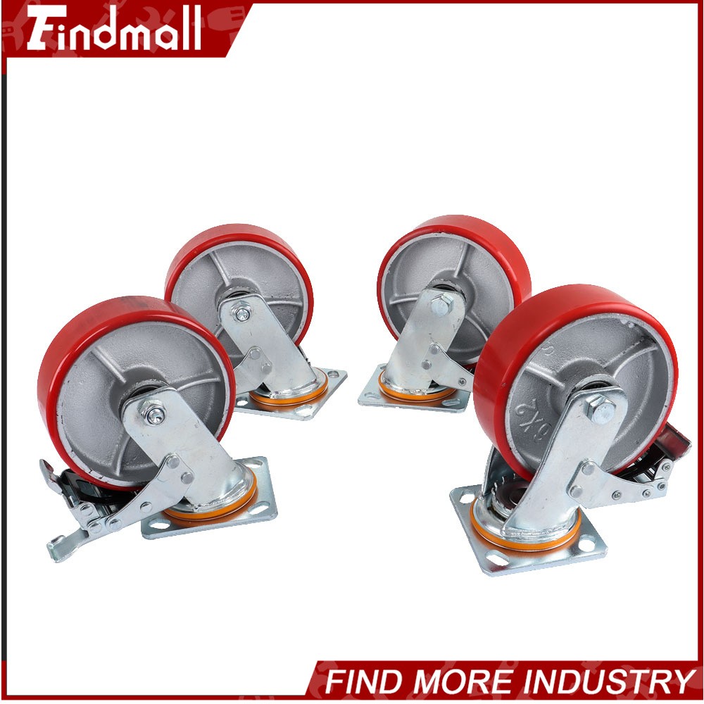 Findmall 4 Pack 6" Heavy Duty Caster Wheels Swivel Plate Total Lock Brake Red