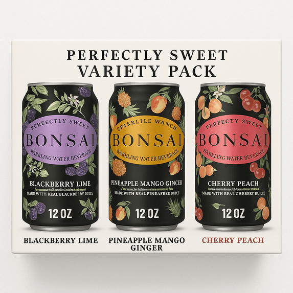 BONSAI Sparkling Water Variety Pack, 24 Cans – Real Juice, 3 Flavors