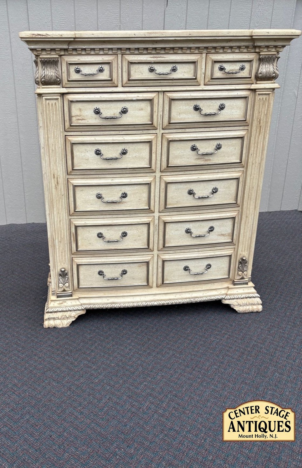 67503  Marge Carson Neoclassical High Chest in Distressed Cream Finish