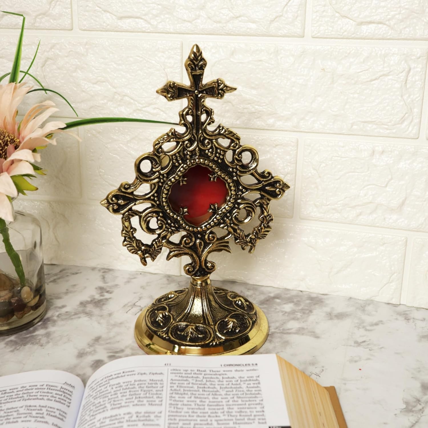 Antique Polished Solid Brass Monstrance, Catholic Reliquary, 9.5 Inches