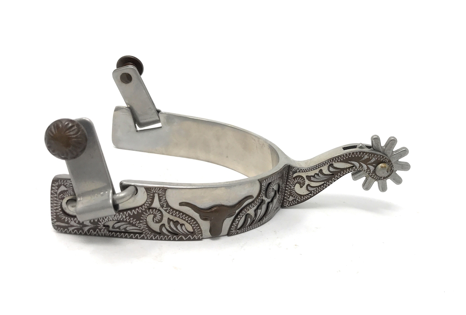 Longhorn Floral Show Spurs Antique Brown Engraved Overlay Stainless Steel Mens
