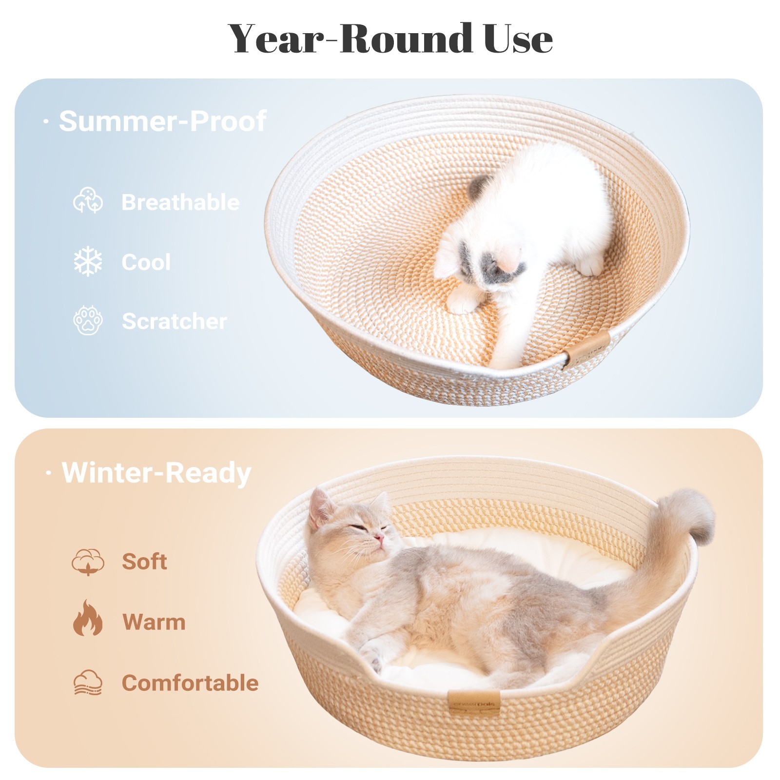 Cat Bed Basket with Cushion, 19*19*6in 2-in-1 Cotton Pet Couch for Indoor Cats