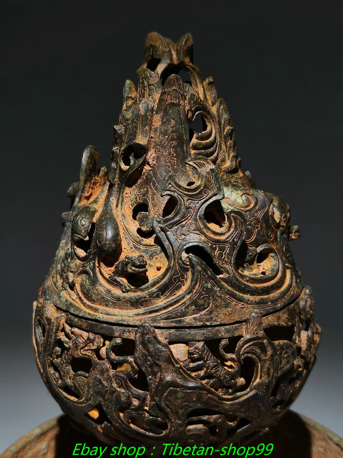 11.4"Old Dynasty Bronze Ware Dragon Hollow out Boshan Incense Burner Censer