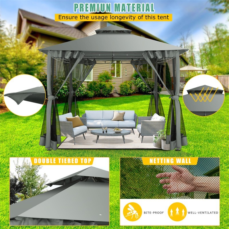 10x10 Patio Gazebo with Mosquito Netting Heavy Duty BBQ Canopy Tent Double Roof