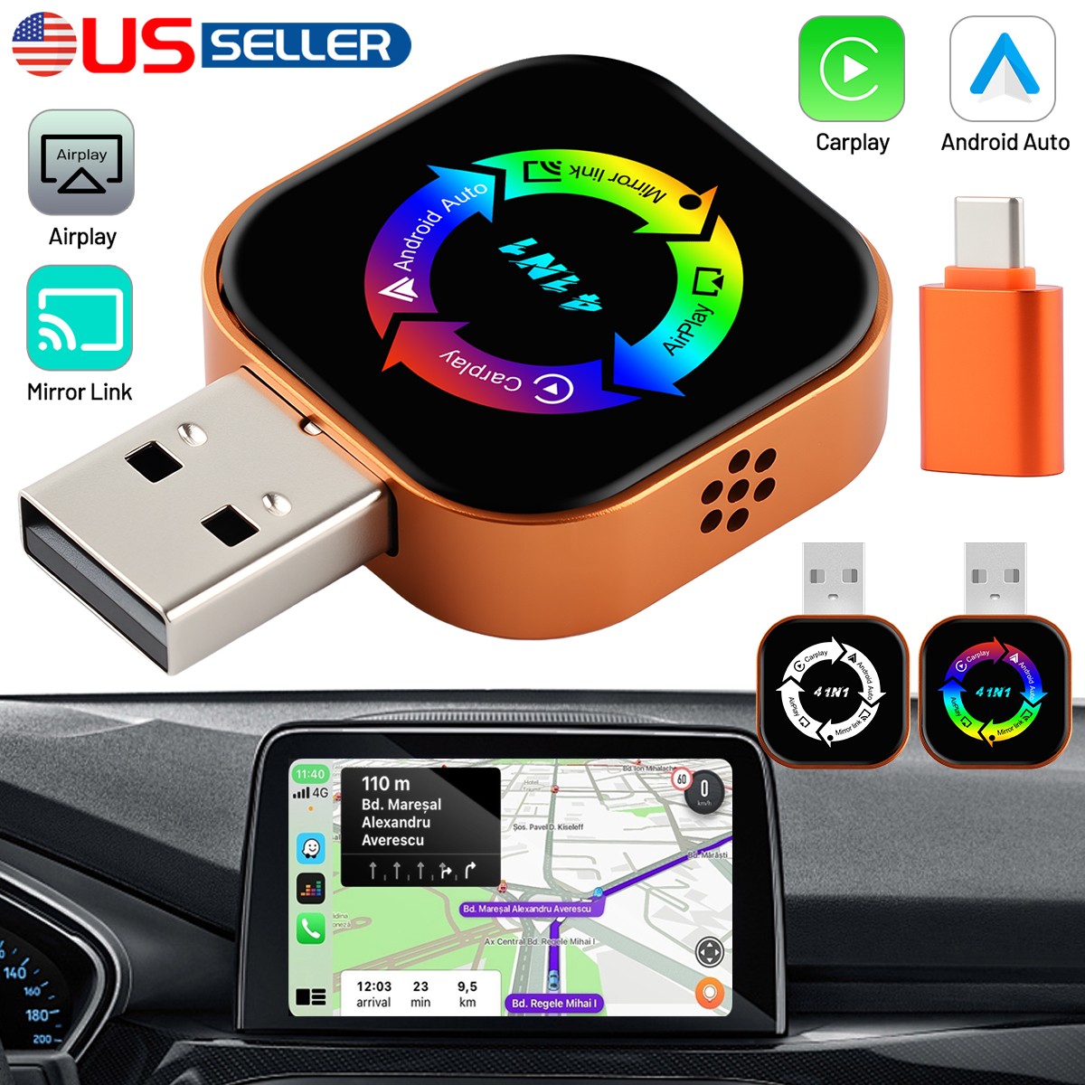 4 IN 1 Wireless CarPlay Android Auto USB Dongle Mirror Link Adapter Plug & Play