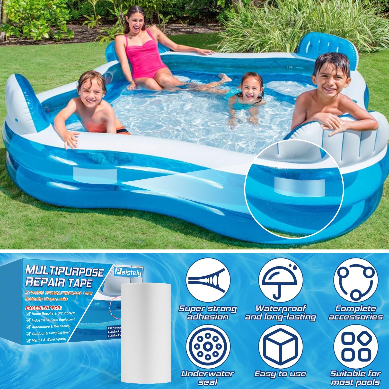 4 in x 7 ft Roll Air Mattress Patch Kit, Underwater Pool Liner Patch Kit for ...