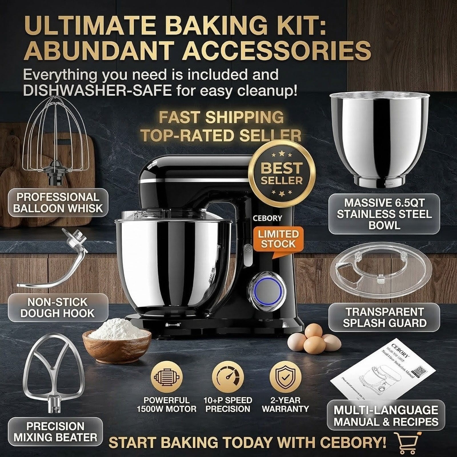 6.5QT Electric Stand Mixer 660W 10-Speed - 3-in-1 Tilt-Head Kitchen Food Mixer