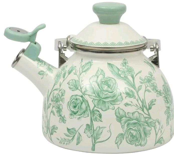 Pioneer Woman ~ AGATHA ~ 2 Quart Tea Kettle ~ Enamel on Steel ~ Floral ~ GREEN