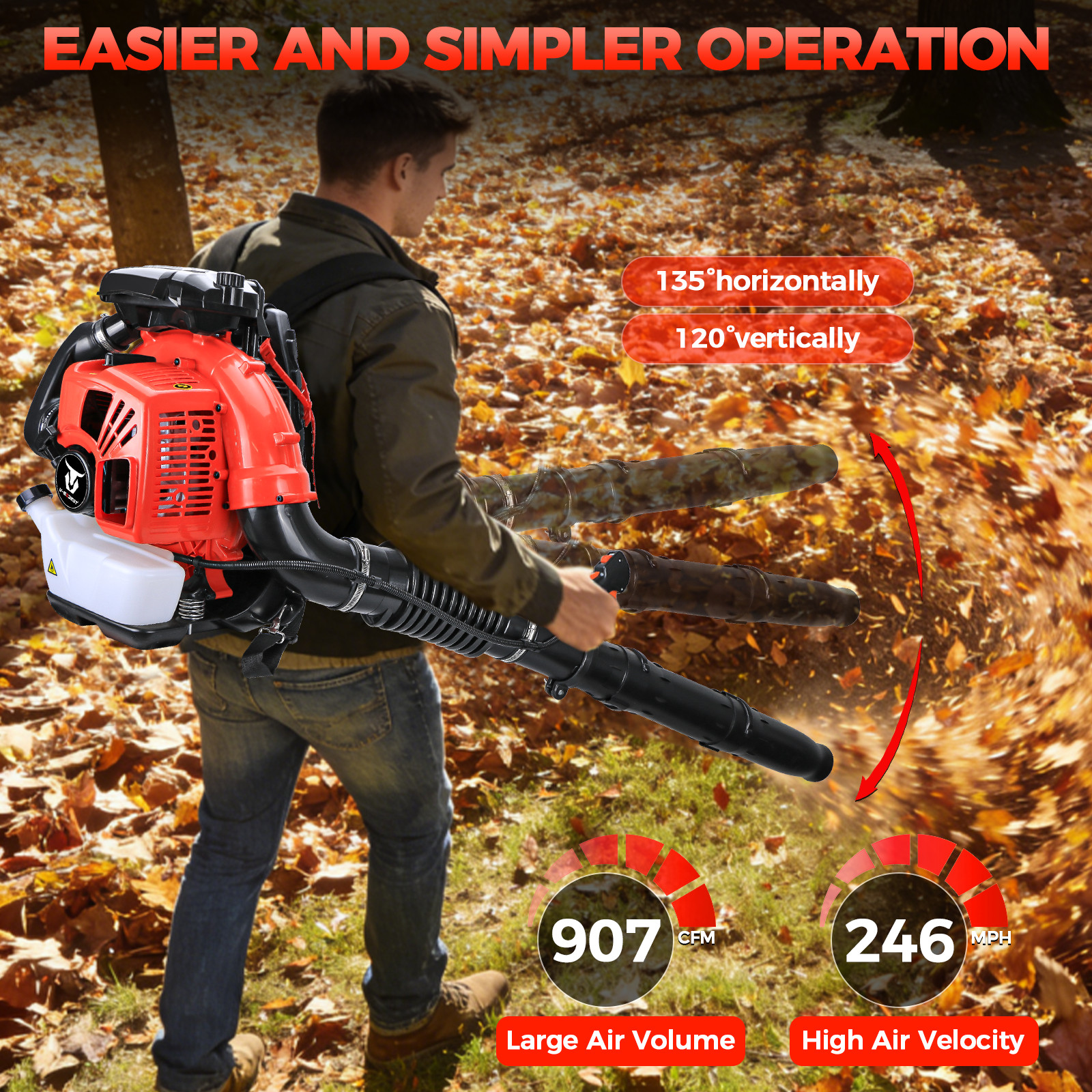 Commercial Backpack Leaf Blower Snow Blowers 75.6CC 2-Stroke Gas Powered 907CFM