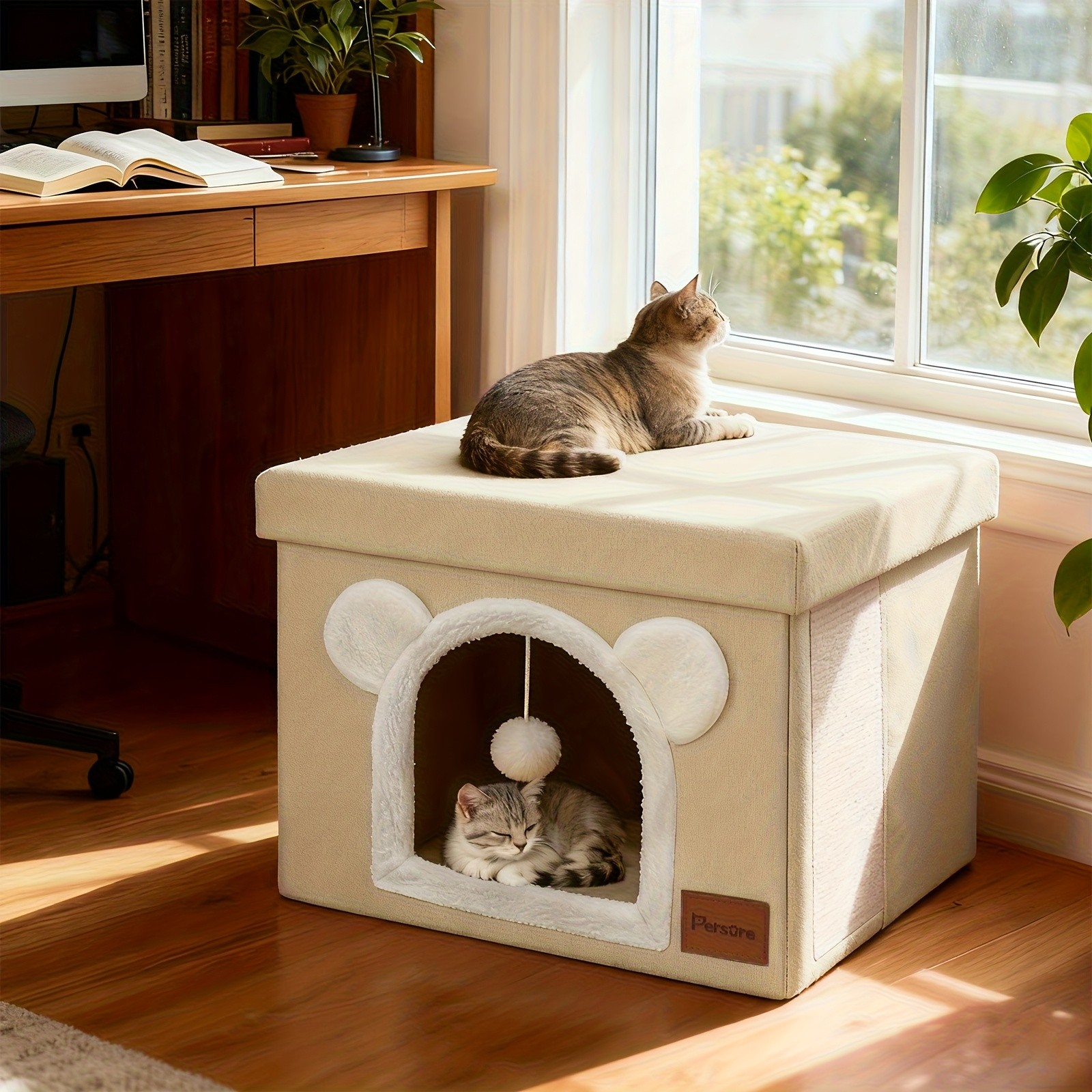 Interactive Indoor Cat Cube House Foldable Cute Cave Bed Condo Scratch Pad&Ball
