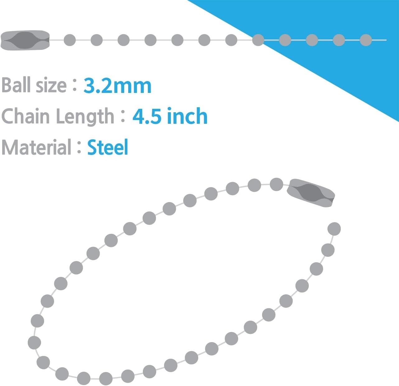 50-Pack 4-Inch Ball Chains with Connectors, 3.2mm Stainless Steel Beaded Chain f